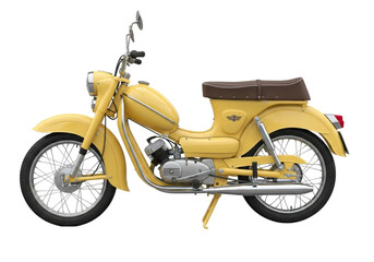 Isolated yellow antique 1960s motorcycle side view, retro motor scooter, vintage transportation