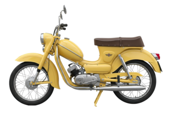 Isolated yellow antique 1960s motorcycle side view, retro motor scooter, vintage transportation