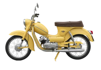 Fototapeten Roller Isolated yellow antique 1960s motorcycle side view, retro motor scooter, vintage transportation  © Anneliese