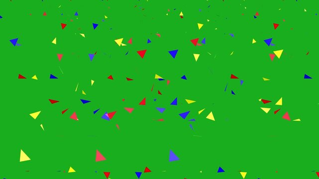 abstract geometric confetti overlay for video editing. birthday and holiday decoration isolated on green. colorful confetti loop for compositing. festive party background with falling confetti rain.