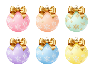 Six pastel Christmas ornaments with white snowflake patterns and bows in soft candy colors on transparent background, ideal clipart for cute holiday cards, invitations and seasonal designs.