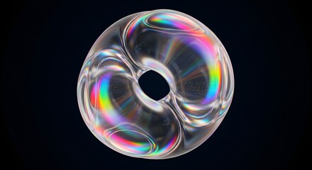 Abstract iridescent torus shape with holographic spectral gradient effect in darkness
