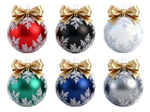 Set of six Christmas ornaments with white snowflake patterns and bows on assorted colors, transparent background, ideal clipart for holiday cards, invitations, banners and seasonal designs.