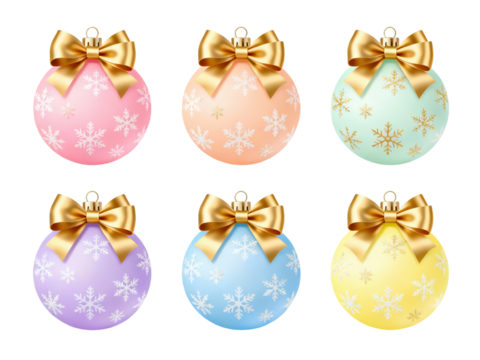Six pastel Christmas ornaments with white snowflake patterns and bows in soft candy colors on transparent background, ideal clipart for cute holiday cards, invitations and seasonal designs.