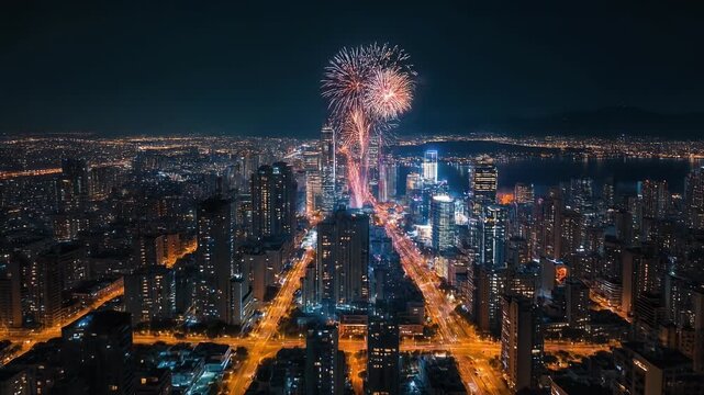 Aerial view of a city skyline at night with fireworks exploding above skyscrapers.