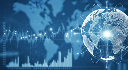 Globe with connections and stock chart overlayed on a world map in blue tones image