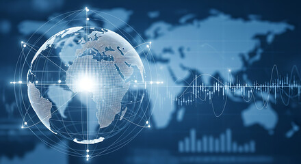 Digital globe with network connections and world map in the background in blue tones
