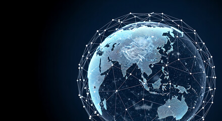 A digital globe with a network of connected dots overlayed on a dark blue background