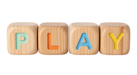 Isolated wooden alphabet blocks spelling the word PLAY, education and childhood concept, colorful