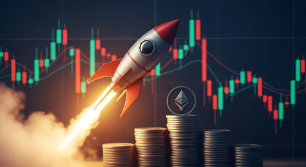 A close up of a yellow arrow pointing upward on a dark blue background with text above