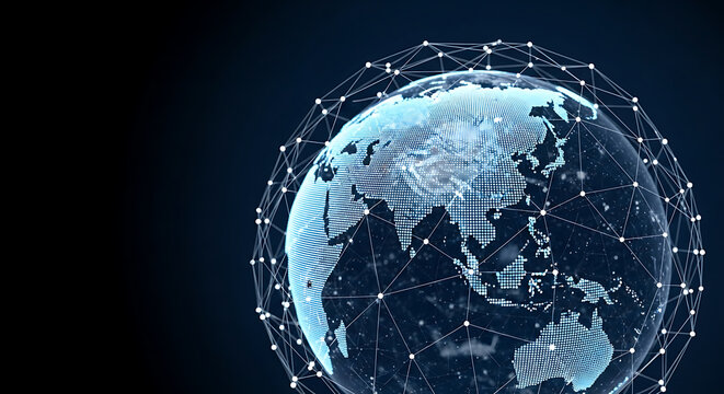 A digital globe with a network of connected dots overlayed on a dark blue background