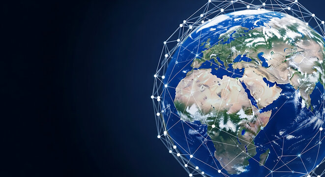 A digital rendering of earth surrounded by a network of connected white dots and lines