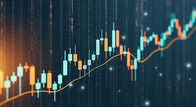 A financial chart with candlestick patterns and binary code overlayed on a dark background