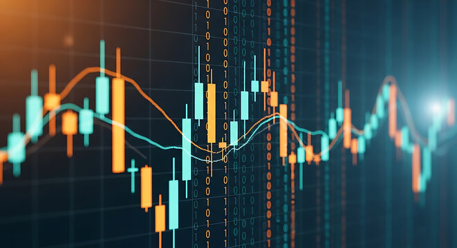 A close up of a stock market chart with binary code overlaying the background grid