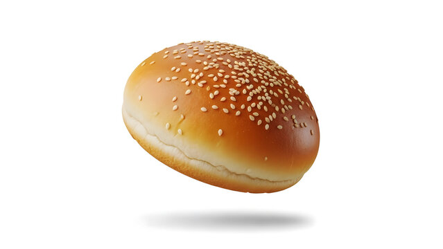 Freshly baked burger bun with sesame seeds isolated on white background