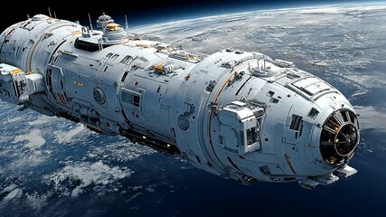 Futuristic spacecraft in orbit around Earth showcasing advanced technology and design features