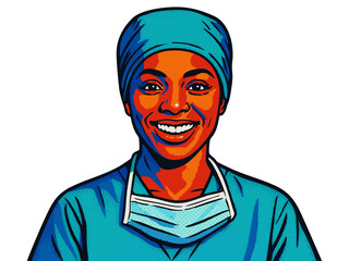happy female medical professional in scrubs and surgical cap, perfect for healthcare or hospital themes. vector colorful pop art illustration.