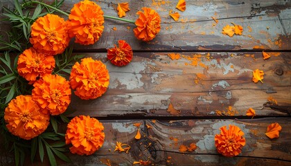 Bright orange marigolds lay on distressed wooden planks, a rustic still life creating a warm, textured scene