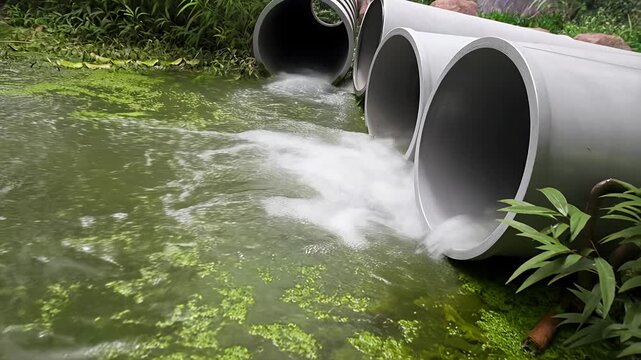 Water runoff from large pipes into a green algae filled stream
