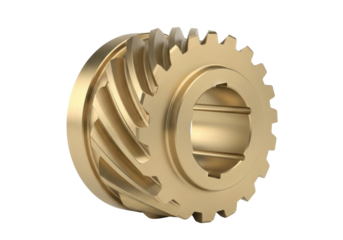 Isolated brass bevel gear with teeth and keyway cut in bore, no background, in perspective view