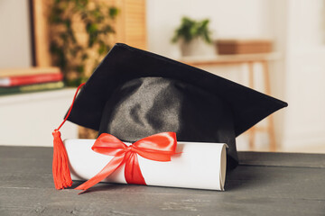 Diploma and graduation hat on grey wooden table indoors, closeup