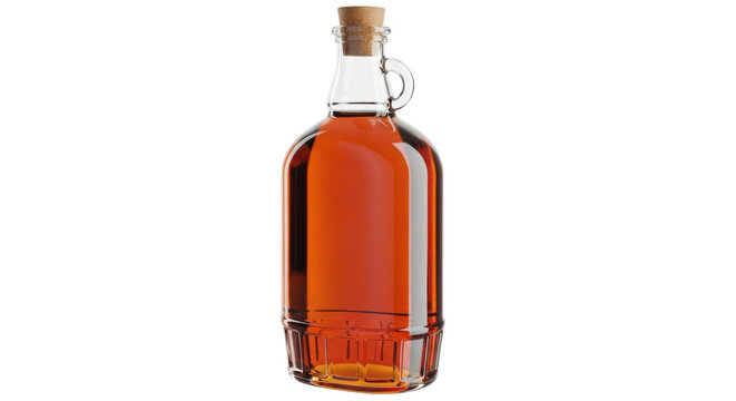 Isolated glass jug of amber liquid and a cork stopper with a handle on a neutral scene