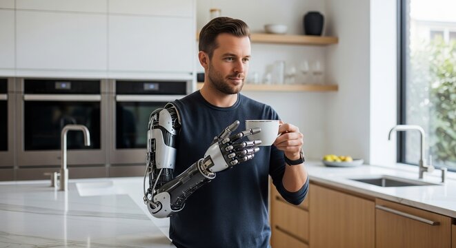 Caucasian man with robotic arm drinking coffee in modern kitchen. concept of futuristic technology, cybernetics, morning routine