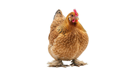 Isolated hen looking at the viewer with feathered legs on light studio background