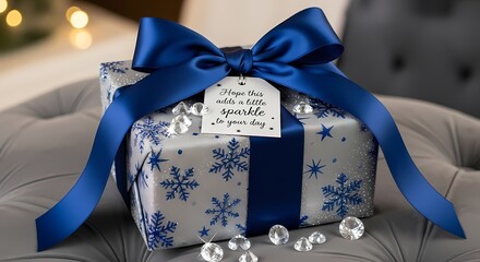 Festive Surprise: A beautifully wrapped gift, adorned with a luxurious blue ribbon and sparkling embellishments, evokes feelings of warmth and holiday joy. 