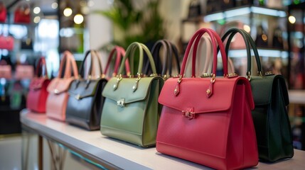 Modern trendy women's handbags lined up in fashionable display at chic retail store. concept of luxury accessories, fashion shopping, elegant style