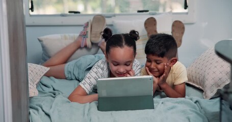 Laugh, relax or sibling on bed with tablet, cartoon streaming or bonding in online game. Happy, children or family in caravan with tech, movie subscription or playing together in virtual activity. - Powered by Adobe