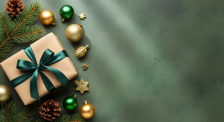 Festive christmas gift with ornaments and pine branches on green background
