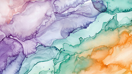 Abstract watercolor background in soft lavender, mint green, and warm hues. concept of calming aesthetics, serene art, creative design