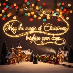 Holiday Greetings: A heartwarming Christmas card, a luminous message illuminating the night, with a delightful festive train passing snowy houses and evergreen trees. 