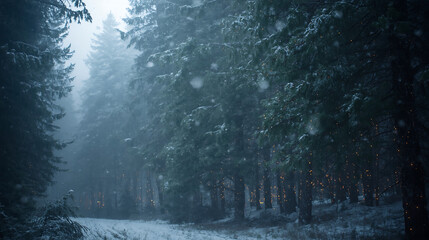 Enchanted winter forest with magical snowfall scene