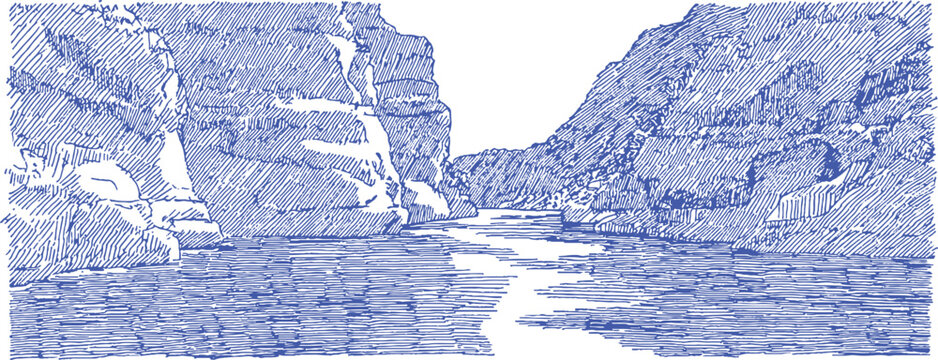 A blue and white drawing of a river with a mountain in the background. The water is choppy and the mountain is rocky. vector illustration
