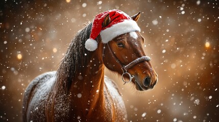 Majestic brown horse in a Santa hat standing in a picturesque snowy landscape full of holiday cheer