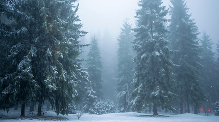 Enchanting snow scene through winter forest trees