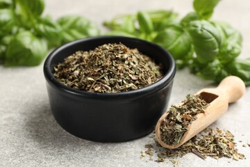 Fresh and dry basil leaves on light grey table, closeup