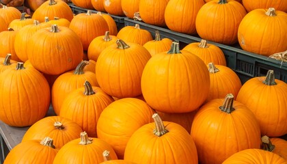 Bright orange pumpkins are densely piled on display, creating a textured, autumnal scene