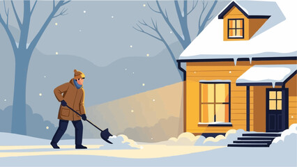 A man shoveling snow outside a cozy house on a cold winter night, a festive Christmas vector illustration