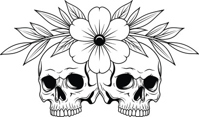 Twin human skulls with large flower and leaves, black and white line art vector illustration, tattoo style coloring page design