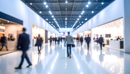 Fototapeta premium Blurred view of people walking in a brightly lit convention center with rows of displays on either side