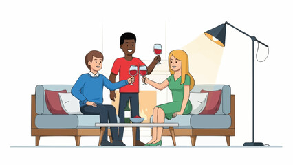 Friends enjoying a festive toast with red wine during a cozy winter Christmas party at home, a modern flat line vector illustration