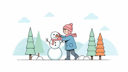 Charming Vector Illustration of a Child Building a Snowman in a Winter Wonderland, Perfect for Christmas and Seasonal Themes