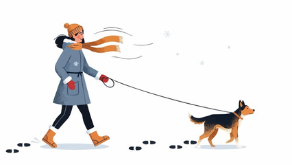 A charming vector illustration of a woman walking her dog in the snow, a perfect winter or Christmas design concept