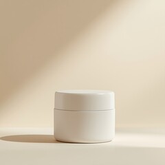 Closed Jar of Facial Cream on Beige Surface in Natural Light Studio Shot Displaying Skincare Benefits and Product Attributes with Shadow 190char