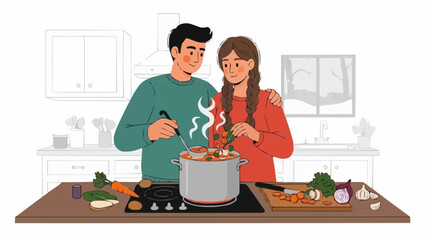 Vector Winter Christmas Couple Cooking Together, Festive and Warm in Kitchen