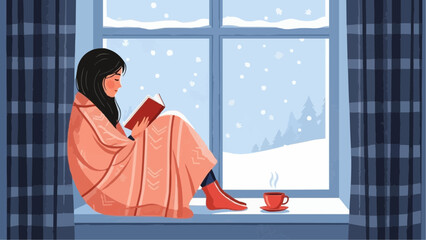 Cozy vector illustration of a young woman reading a book by the window on a snowy winter evening, wrapped in a warm blanket, creating a serene Christmas holiday scene
