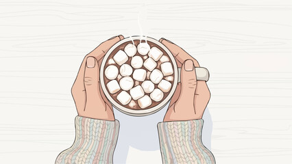 Cozy vector illustration of hands holding a mug of hot chocolate with marshmallows, perfect for winter and Christmas themes